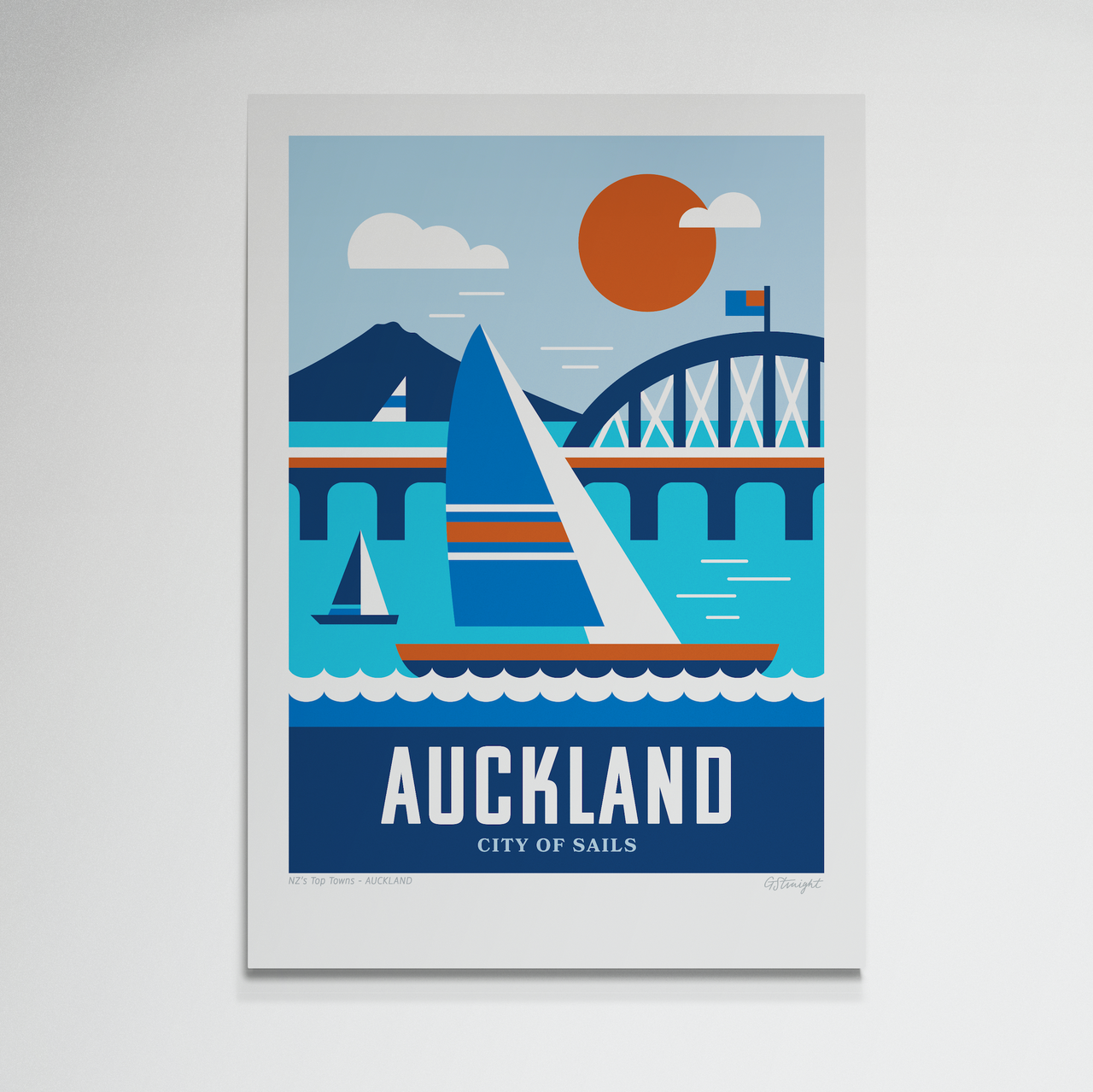 Poster of Auckland with a sailboat and bridge design 